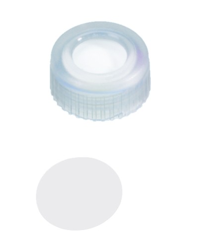 9mm Combination Seal: PP Short Thread Cap, transparent, centre hole; PTFE virginal, 53° shore D, 0.2mm