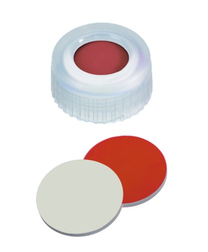 9mm Combination Seal: PP Short Thread Cap, transparent, with centre hole; Red Rubber / PTFE beige, 45° shore A, 1,0mm
