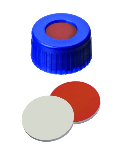 9mm Combination Seal: PP Short Thread Cap, blue, with centre hole; Red Rubber / PTFE beige, 45° shore A, 1,0mm