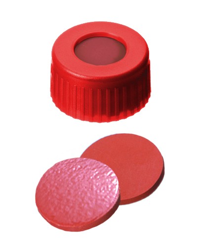 9mm Combination Seal: PP Short Thread Cap, red, centre hole; Natural Rubber red-orange/TEF transparent, 60° shore A, 1.0mm