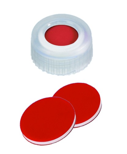 9mm Combination Seal: PP Short Thread Cap, transparent, centre hole; PTFE red/Silicone white/PTFE red, 45° shore A, 1.0mm