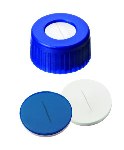 9mm Combination Seal: PP Short Thread Cap, blue, centre hole; Silicone white/PTFE blue, 55° shore A, 1.0mm, slitted