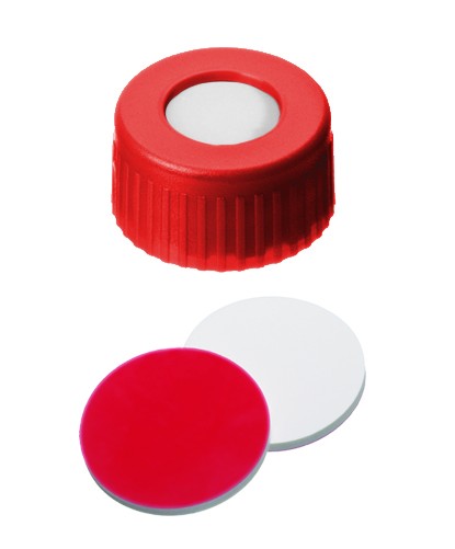 UltraClean Closure (trade mark): 9mm PP Short Thread Cap, red, centre hole; Silicone white/PTFE red, 55° shore A, 1.0mm