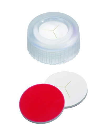 9mm Combination Seal: PP Short Thread Cap, transparent, centre hole; Silicone white/PTFE red, 55° shore A, 1.0mm, pre-cut (Y)