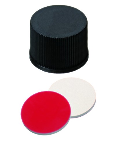 13mm Combination Seal: PP Screw Cap, black, closed top; Silicone cream/PTFE red, 55° shore A, 1.5mm