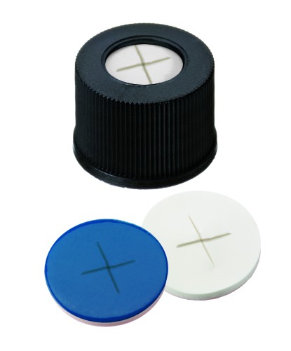 13mm Combination Seal: PP Screw Cap, black, centre hole; Silicone white/PTFE blue, 55° shore A, 1.5mm Cross slitted