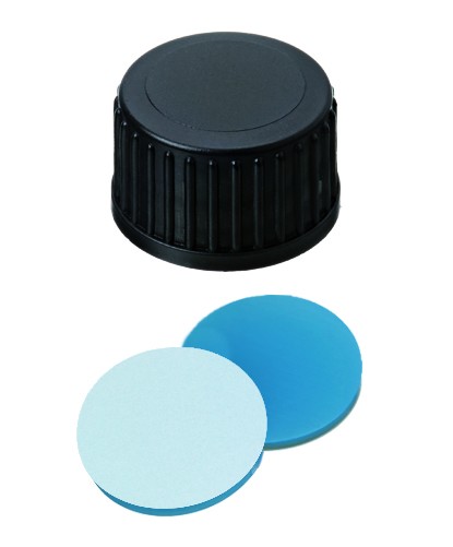 18mm Combination Seal: PP Screw Cap, black, closed top; Silicone transparent blue/PTFE white, 45° shore A, 1.7mm