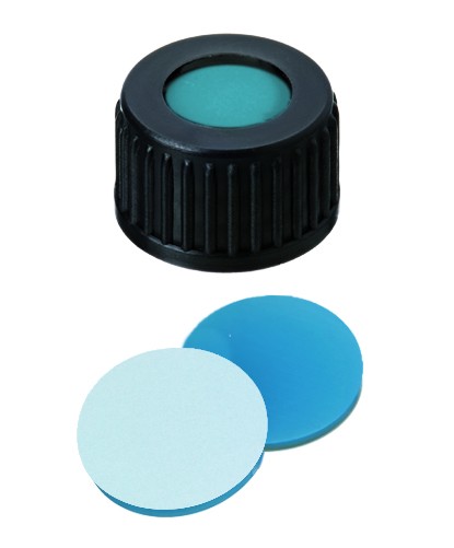 18mm Combination Seal: PP Screw Cap, black, centre hole; Silicone transparent blue/PTFE white, 45° shore A, 1.7mm