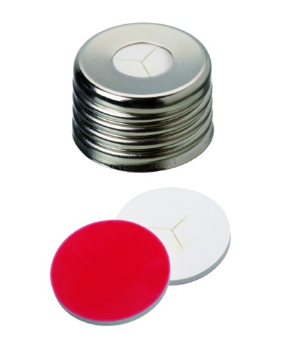 UltraClean Closure: 18mm Magnetic Universal Screw Cap, silver, centre hole; Silicone white/PTFE red, 55° shore A, 1.5mm, pre-cut star (*)