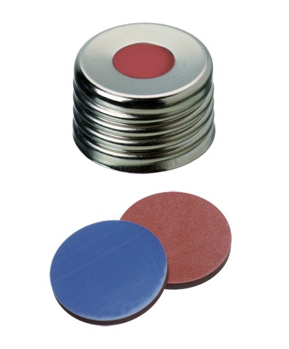 18mm Combination Seal: Magnetic Universal Screw Cap, silver, centre hole; Butyl red/PTFE grey, 55° shore A, 1.6mm