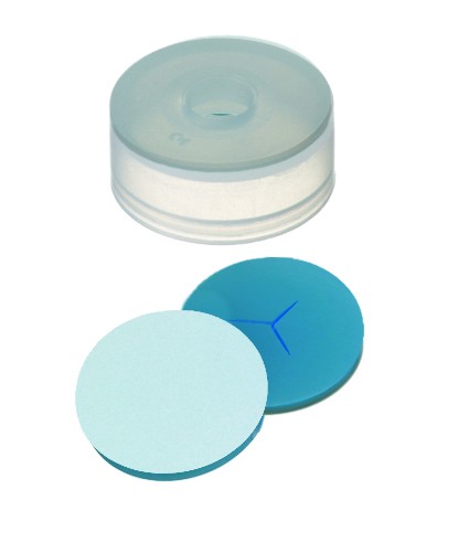 22mm Combination Seal: PE Cap, transparent, 6mm centre hole, cap height 9.1mm; Silicone transparent blue/PTFE white,45° shore A, 1.3mm, Y-slitted