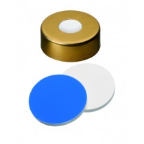 UltraClean Closure (trade mark): 20mm Magnetic Cap, gold lacquered, 8mm centre hole; Silicone white/PTFE blue, 55 ° shore A, 1.5mm