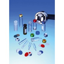 2ml Crimp Neck Vial, 32 x 11.6mm, amber glass, 1st hydrolytic class, wide opening, label and filling lines with assembled 11mm Combination Seal: Aluminium Cap, clear lacquered, centre hole; Natural Rubber red-orange/TEF transparent, 60° shore A, 1.0mm