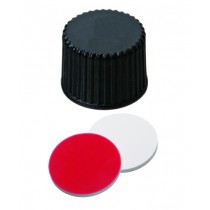 UltraClean Closure (trade mark): PP Screw Cap, black, closed top, 8-425 thread; Silicone white/PTFE red, 45° shore A, 1.3mm