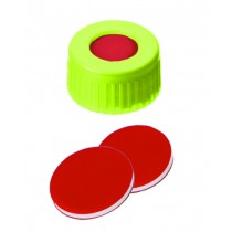 9mm Combination Seal: PP Short Thread Cap, yellow, centre hole; PTFE red/Silicone white/PTFE red, 45° shore A, 1.0mm