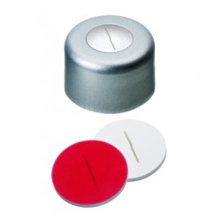 8mm Combination Seal: Aluminium Cap, clear lacquered, centre hole; Silicone white/PTFE red, 45° shore A, 1.3mm, slitted