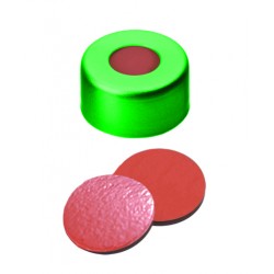 11mm Combination Seal: Aluminium Cap, green lacquered, centre hole; Natural Rubber red-orange/Butyl red/TEF transparent, 45° shore A, 1.0mm