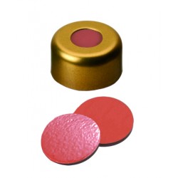 11mm Combination Seal: Aluminium Cap, gold lacquered, centre hole; Natural Rubber red-orange/Butyl red/TEF transparent, 45° shore A, 1.0mm
