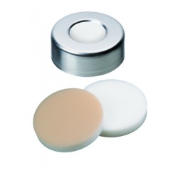 20mm Combination Seal: Aluminium Crimp Cap, plain, centre hole; Silicone white/PTFE beige, 45° shore A, 3.2mm