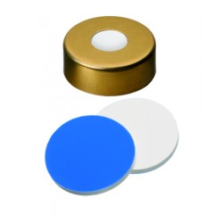 UltraClean Closure (trade mark): 20mm Magnetic Cap, gold lacquered, 8mm centre hole; Silicone white/PTFE blue, 55 ° shore A, 1.5mm
