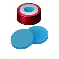 UltraClean Closure (trade mark): 20mm Magnetic Bimetal Cap, red lacquered, 8mm centre hole; Silicone transparent blue/PTFE white, 45° shore A, 3.0mm