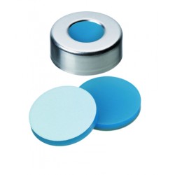 UltraClean Closure (trade mark): 20mm Aluminium Cap, plain, centre hole; Silicone transparent blue/PTFE white, 45° shore A, 3.0mm