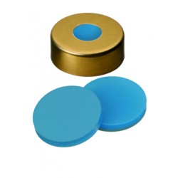 UltraClean Closure (trade mark): 20mm Magnetic Cap, gold lacquered, 8mm centre hole; Silicone transparent blue/PTFE white, 45° shore A, 3.0mm