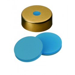 UltraClean Closure (trade mark): 20mm Magnetic Cap, gold lacquered, 5mm centre hole; Silicone transparent blue/PTFE white, 45° shore A, 3.0mm