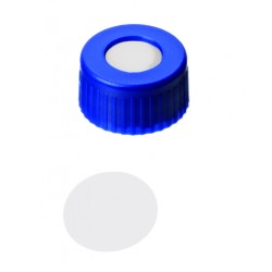 9mm Combination Seal: PP Short Thread Cap, blue, centre hole; PTFE virginal, 53° shore D, 0.2mm
