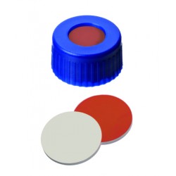9mm Combination Seal: PP Short Thread Cap, blue, with centre hole; Red Rubber / PTFE beige, 45° shore A, 1,0mm