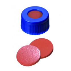 9mm Combination Seal: PP Short Thread Cap, blue, centre hole; Natural Rubber red-orange/TEF transparent, 60° shore A, 1.0mm
