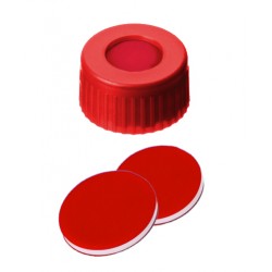 9mm Combination Seal: PP Short Thread Cap, red, centre hole; PTFE red/Silicone white/PTFE red, 45° shore A, 1.0mm