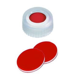 9mm Combination Seal: PP Short Thread Cap, transparent, centre hole; PTFE red/Silicone white/PTFE red, 45° shore A, 1.0mm