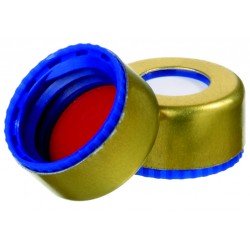 UltraClean Closure (trade mark): 9mm PP-Short Thread Cap, blue, with centre hole, with assembled magnetic cap, gold; Silicone white/PTFE red, 55° shore A, 1.0mm