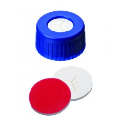 9mm Combination Seal: PP Short Thread Cap, blue, centre hole; Silicone white/PTFE red, 55° shore A, 1.0mm, pre-cut (Y)