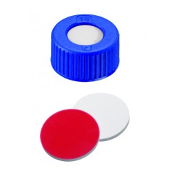 UltraClean Closure (trade mark): 9mm PP Short Thread Cap, blue, centre hole; Silicone white/PTFE red, 55° shore A, 1.0mm