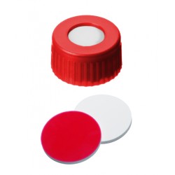 UltraClean Closure (trade mark): 9mm PP Short Thread Cap, red, centre hole; Silicone white/PTFE red, 55° shore A, 1.0mm