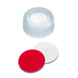 9mm Combination Seal: PP Short Thread Cap, transparent, centre hole; Silicone white/PTFE red, 55° shore A, 1.0mm, pre-cut (Y)