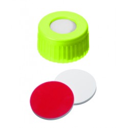 UltraClean Closure (trade mark): 9mm PP Short Thread Cap, yellow, centre hole; Silicone white/PTFE red, 55° shore A, 1.0mm