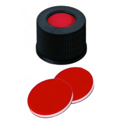 10mm Combination Seal: PP Screw Cap, black, centre hole, 10-425 thread; PTFE/Silicone/PTFE