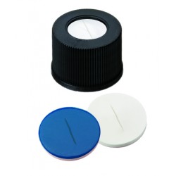 10mm Combination Seal: PP Screw Cap, black, centre hole, 10-425 thread; Silicone white/PTFE blue, 55° shore A, 1.5mm, slitted