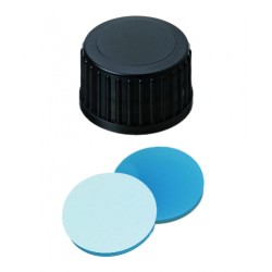 18mm Combination Seal: PP Screw Cap, black, closed top; Silicone transparent blue/PTFE white, 45° shore A, 1.7mm