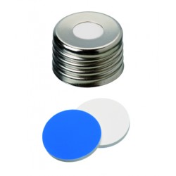 UltraClean Closure (trade mark): 18mm Magnetic Universal Screw Cap, silver, centre hole; Silicone white/PTFE blue, 55° shore A, 1.5mm