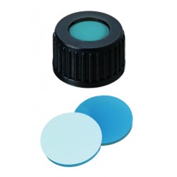 18mm Combination Seal: PP Screw Cap, black, centre hole; Silicone transparent blue/PTFE white, 45° shore A, 1.7mm