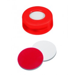UltraClean Closure (trade mark): 11mm PE Snap Ring Cap, red, centre hole; Silicone white/PTFE red, 45° shore A, 1.3mm