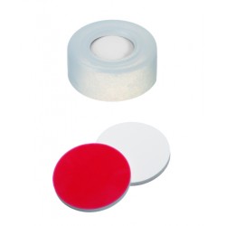 UltraClean Closure (trade mark): 11mm PE Snap Ring Cap, transparent, centre hole; Silicone white/PTFE red, 45° shore A, 1.3mm